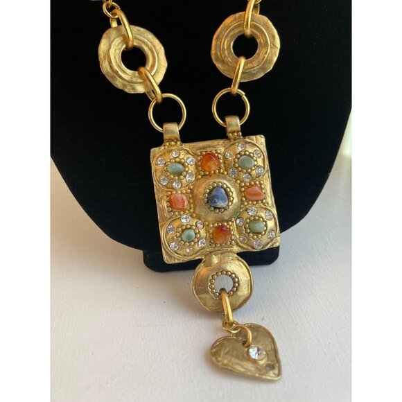 Vintage CLAIRE DEVE Gold Metal Double Chain Etruscan Statement Runway Necklace - Picture 3 of 16